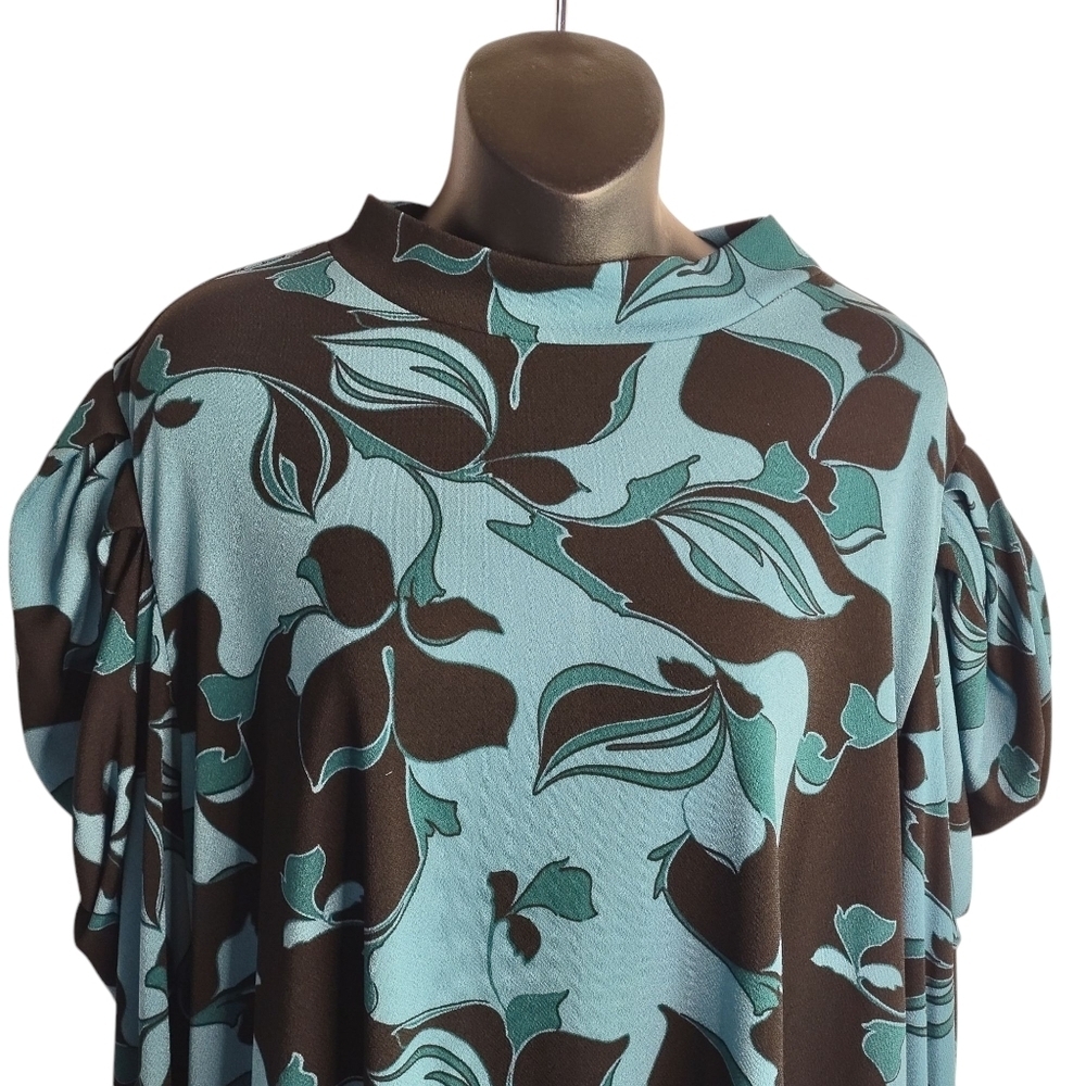 Cato Top Blouse Womens Teal Blue Black Floral Mock Neck Ruched Shoulder Sz 18/20 - Picture 3 of 10